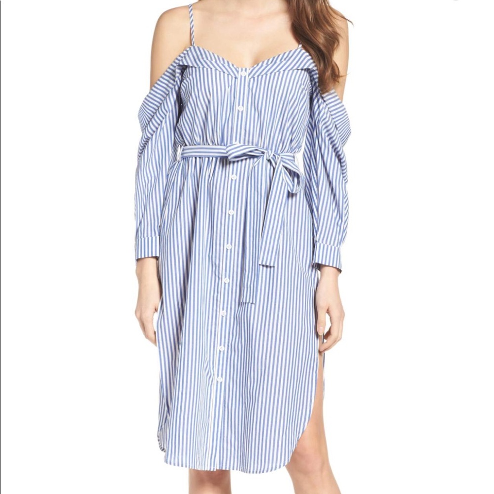 Blue Stripe Paloma Belted Shirt Dress Cold Shoulder